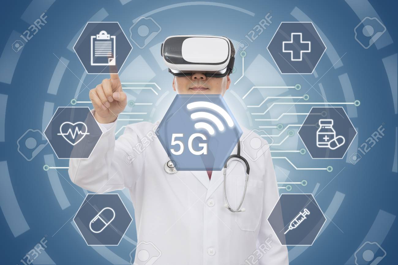 Male doctor wearing virtual reality glasses. 5G Medical Concept. CG